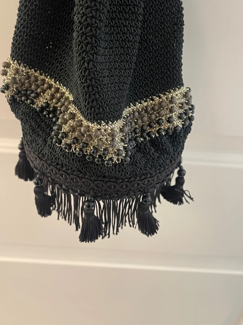 Boho Macramé Black Beaded Fringe Drawstring Satchel / resin bottom